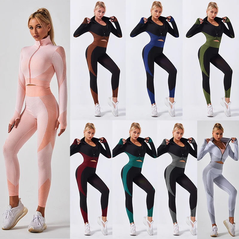 

Women 3Pcs Seamless Yoga Set Long Sleeve Top Sexy Bra High Waist Workout Leggings Yoga Sportswear Gym Training Suit Set