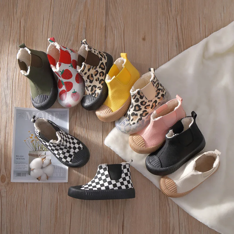 

2020 autumn and winter new high-top casual shoes princess warm lamb fur biscuit canvas shoes non-slip soft kids winter shoes