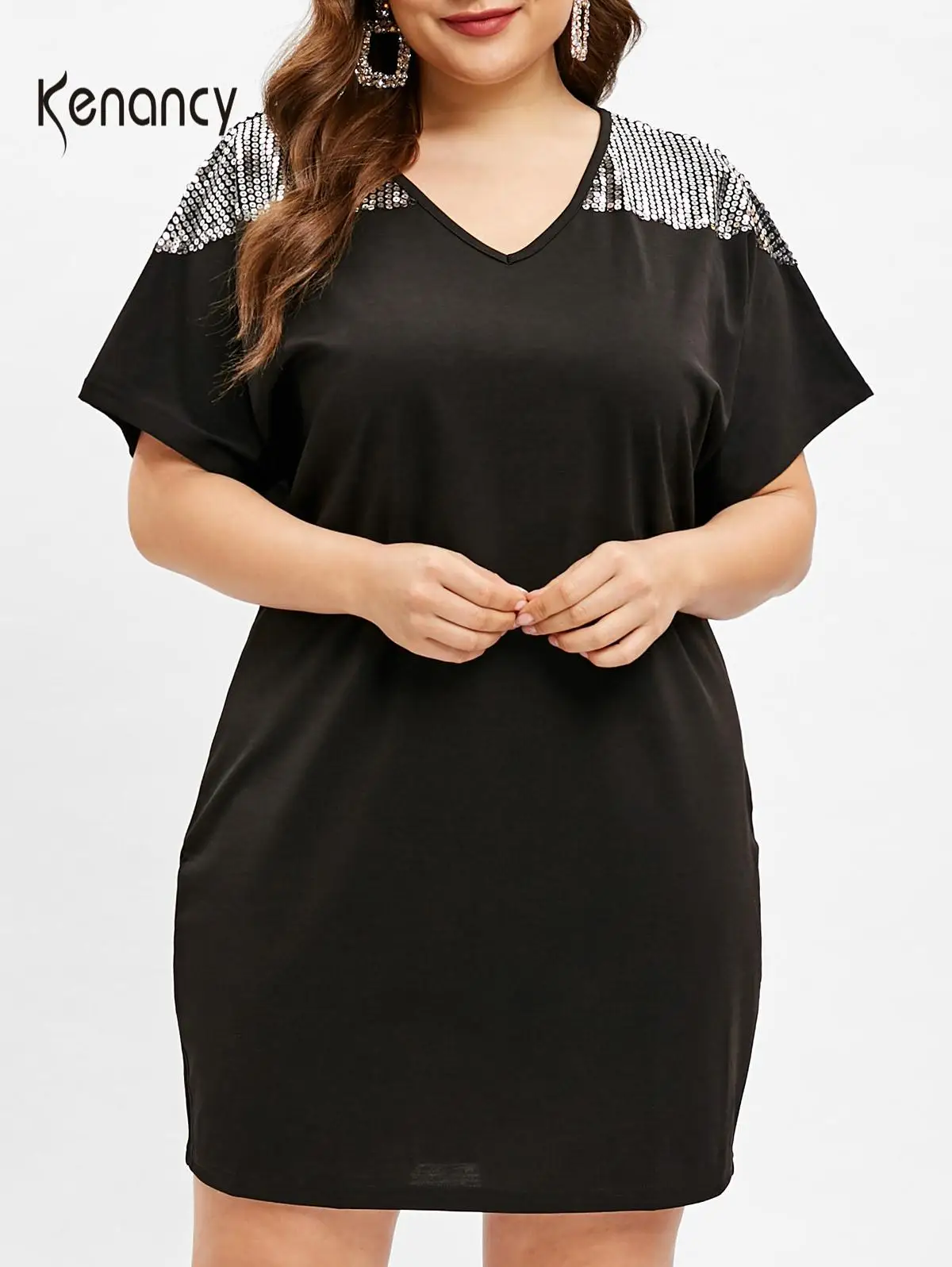 Женское платье с коротким рукавом Kenancy черное винтажное блестками большого