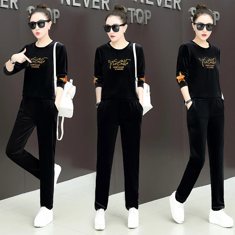 Бархатный спортивный костюм для женщин 2019 зимний женский большой размер