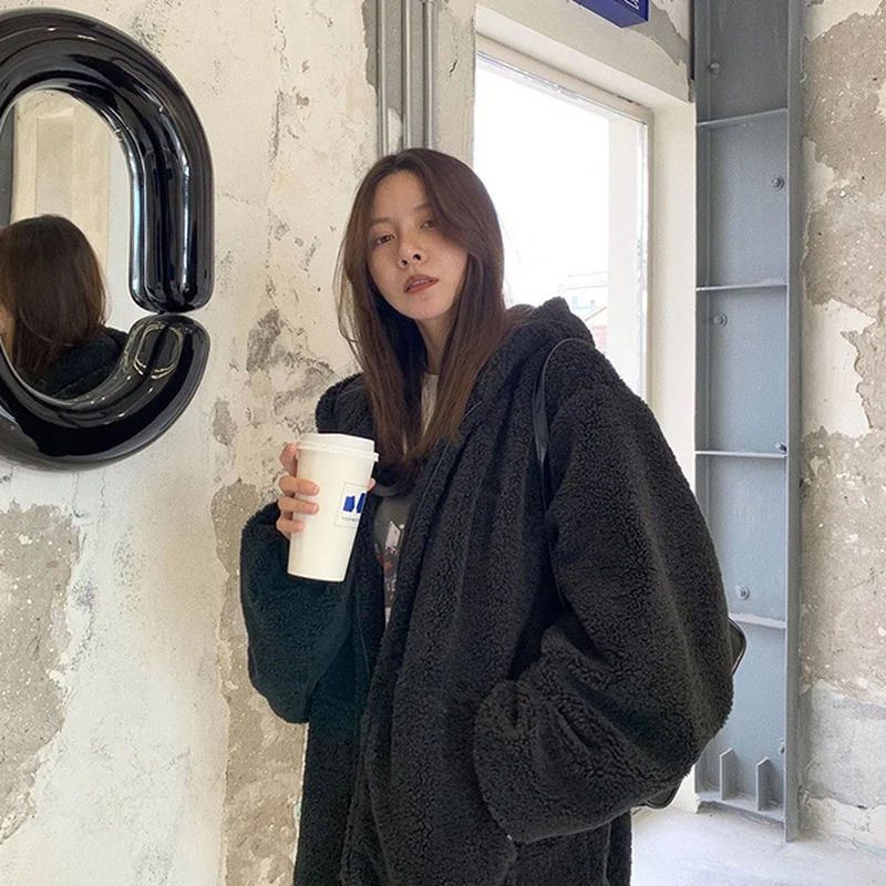 

Basic Jackets Women Lambswool Hooded Coats Womens Plus Velvet Thicken Warm Comfortable Chic Korean Style All Match Harajuku New