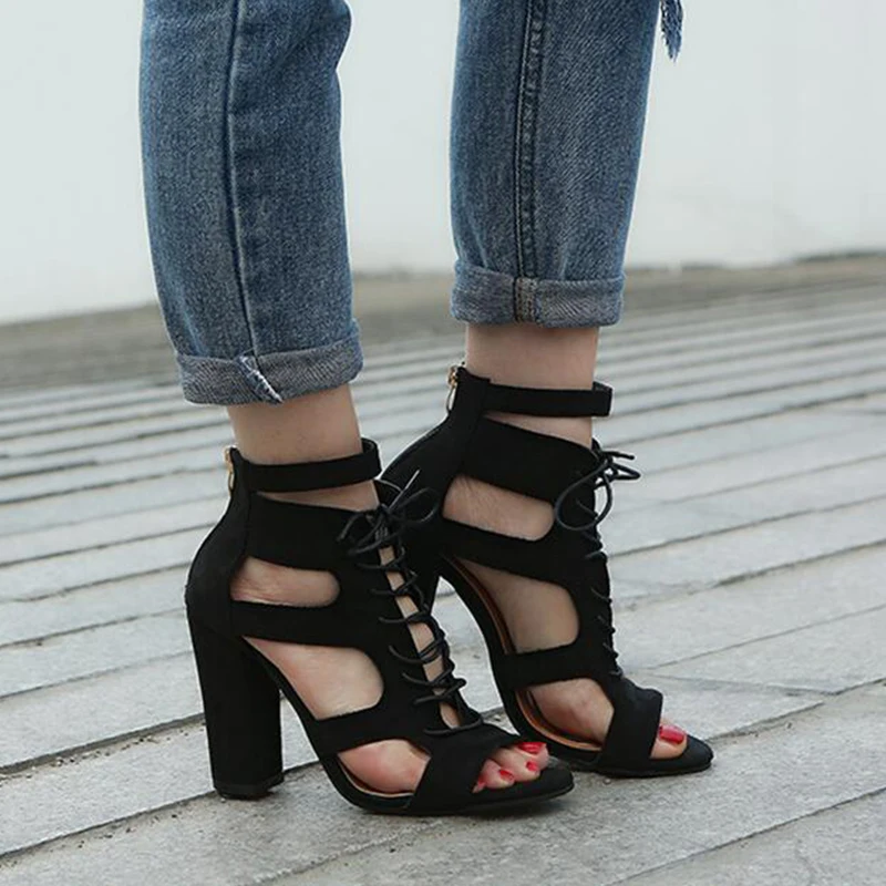 Прямая поставка женский туфли-лодочки черные замшевые сандалии на толстой