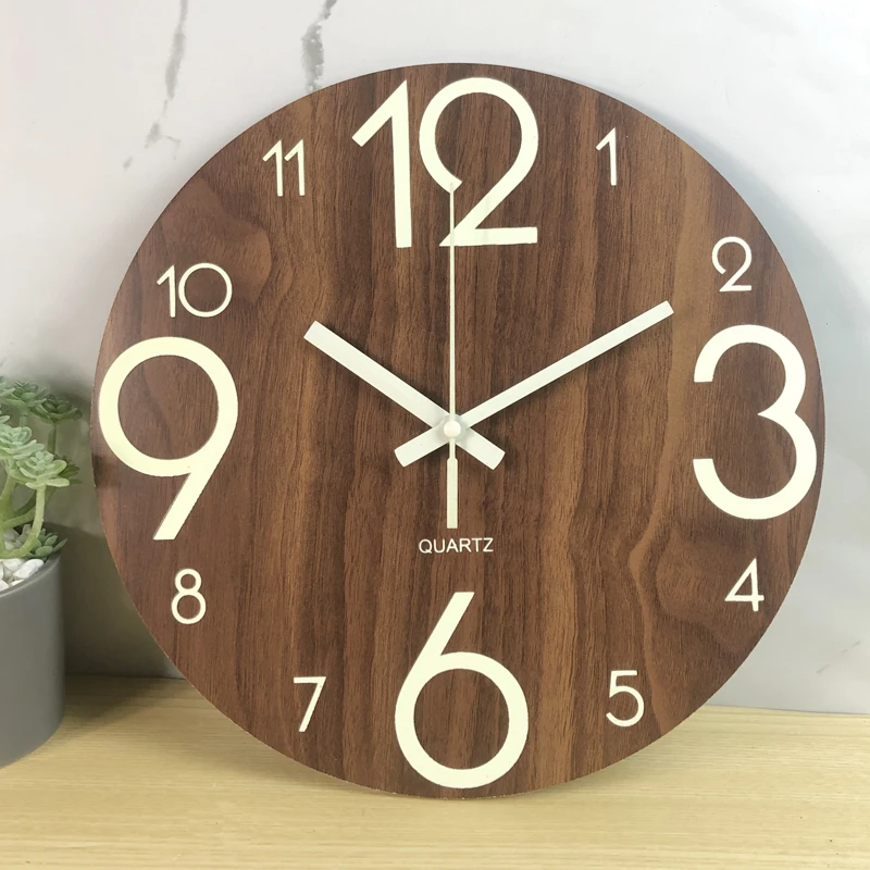 

Round Wall Clock Quartz Silent Room Luminous Ultra-quiet Living Room Fluorescent Wall Clock Extremely Simple Wooden Reloj Pared
