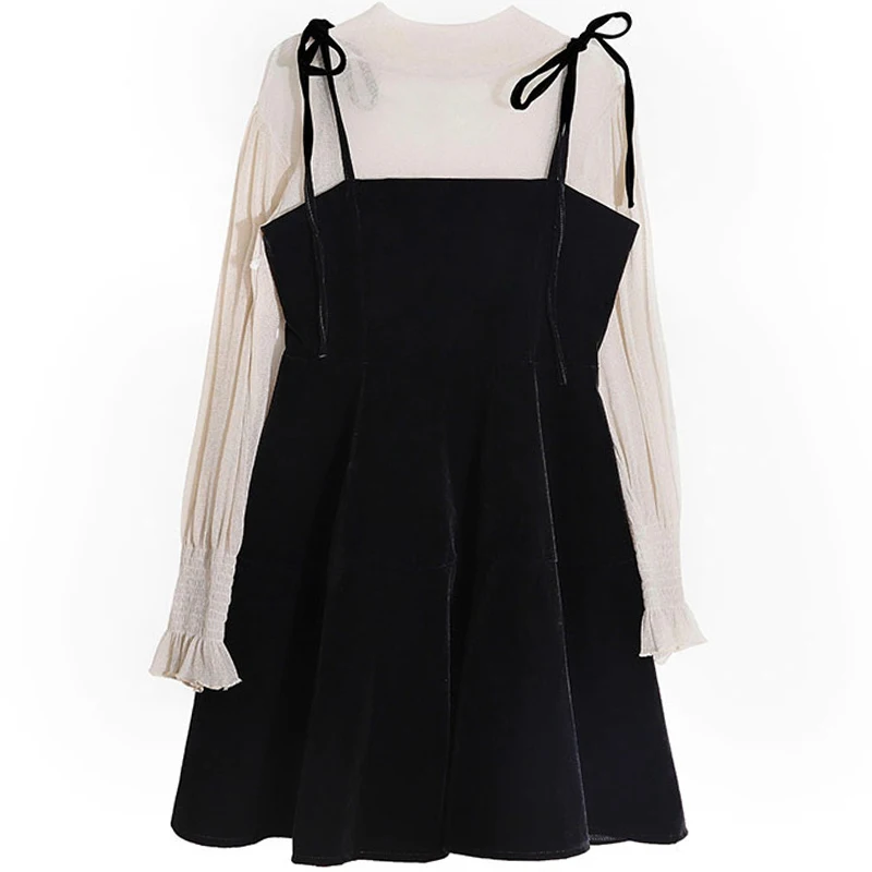 

2019 Autumn Elegant Women's 2 Piece Sets Womens Outfits Black Velvet Suspender Dress & White Turtleneck Thin Blouse Shirt