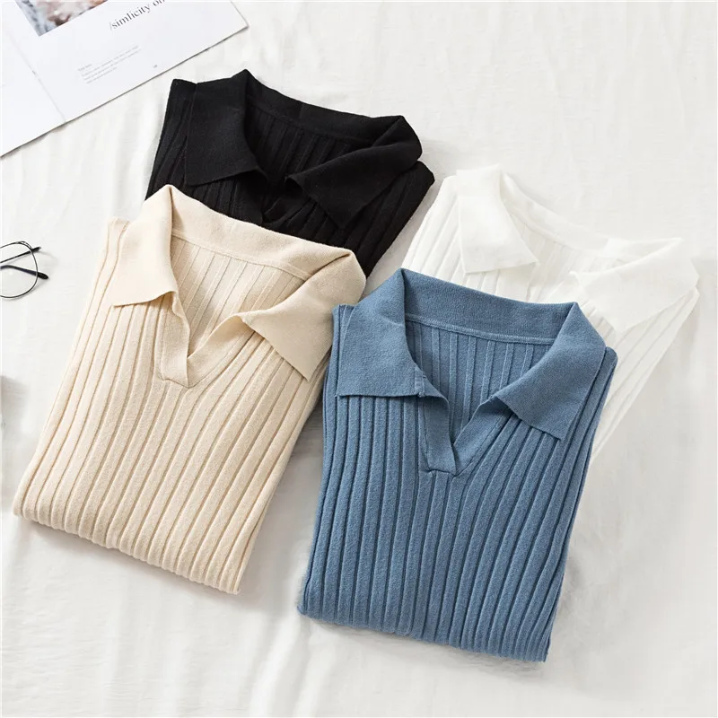 Autumn Winter Women Pullovers Sweater High Elasticity Casual Turn-down Collar Knitted Jumper Fashion Solid Slim | Женская одежда