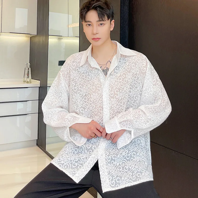 

IEFB Homemade Advanced Jacquard Lace Long Sleeve Shirt Men's Lightweight Yellow Tops 2021 Spring Summer Sunscreen Clothing Y6818