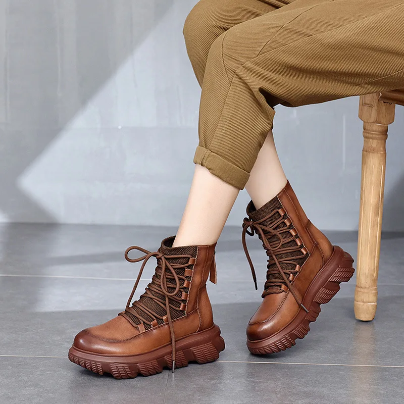 Harga Birkuir Sepatu Bot Platform Kulit Asli Buatan Tangan Berenda Sepatu Wanita Sepatu Bot Pendek Ritsleting Sepatu Bot Pergelangan Kaki 2021 Sepatu Bot Wanita Santai Baru