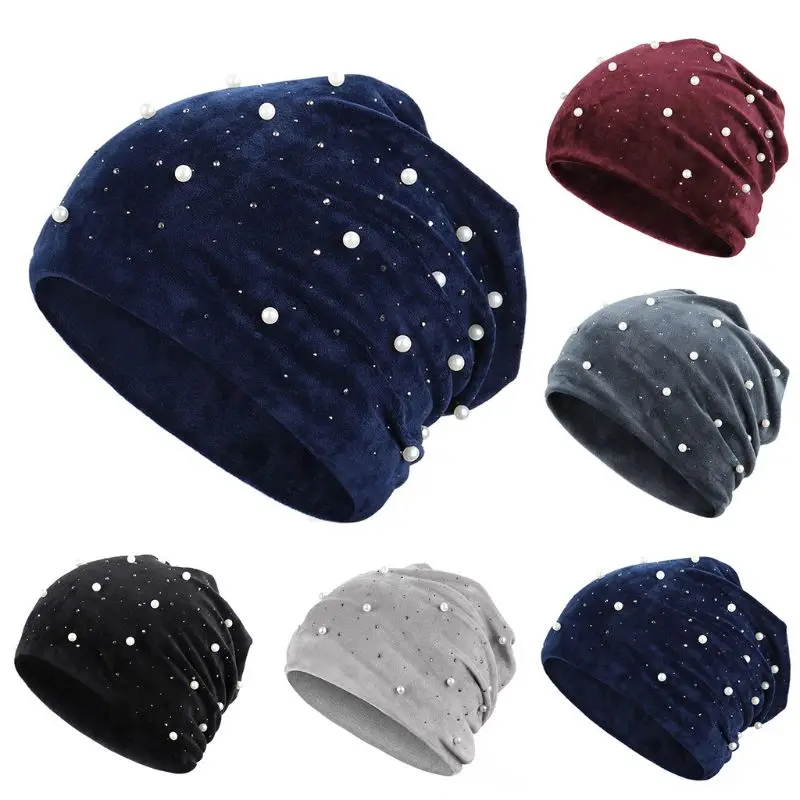 Женские зимние бархатные шапки Skullies мягкие теплые блестящие с жемчугом стразы