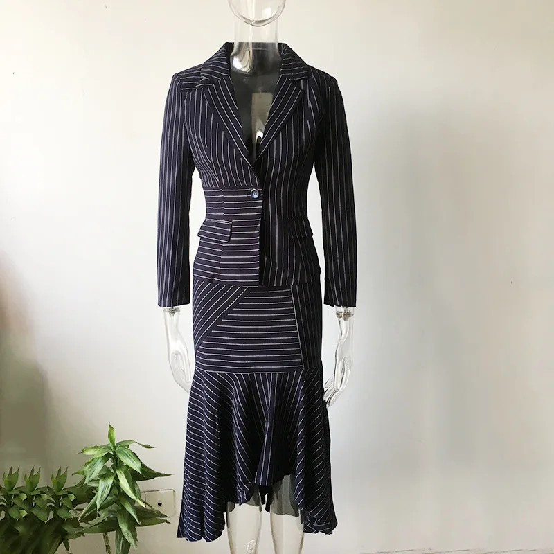 High-end Office Lady's Slim Suits Striped Blazer Trumpet Ruffles Skirt Two Piece Outfits 2019 Autumn Winter Womens Formal Sets |