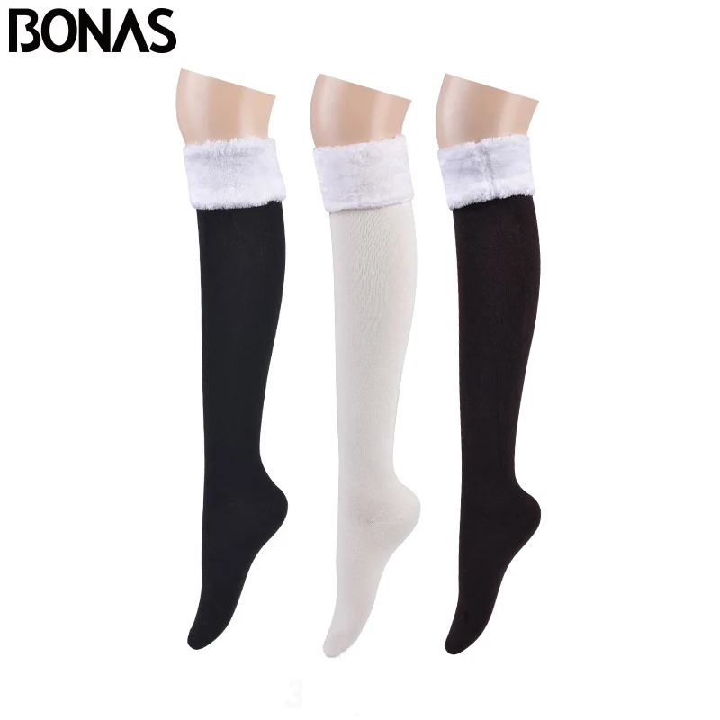 Black White Coffee BONAS, 3 шт., гольфы, теплые чулки, Женские однотонные гольфы, женские хлопковые чулки для девочек, пушистые зимние носки, 53 см - Цвет: Black White Coffee
