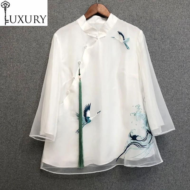 Chinese Brand High Quality Style 2020 Summer Fashion Vintage Top Women Lux Embroidery 3/4 Sleeve Elegant 50s 60s Tops Blue White