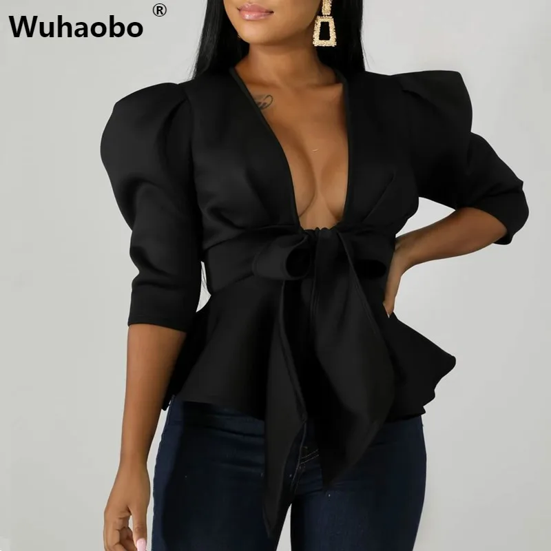 Женская Осенняя блузка Wuhaobo с рукавами фонариками V образным вырезом и
