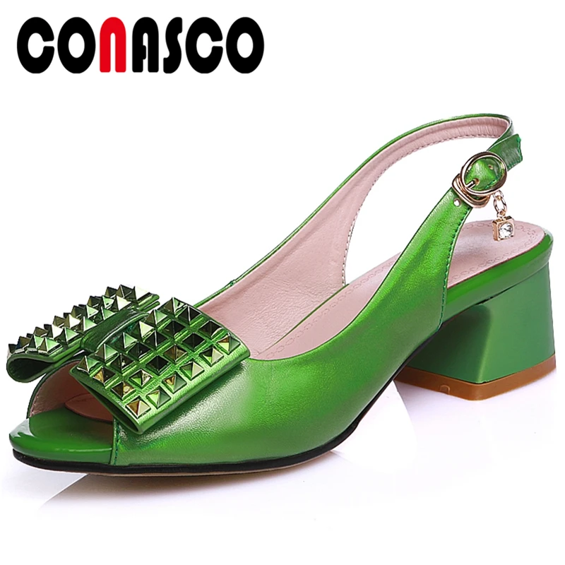 

CONASCO Fashion Women Back Strap Buckle Strap Sandals Cow Patent Leather Shoes Thick Heels Shoes Rivet Decoration Shoes Woman