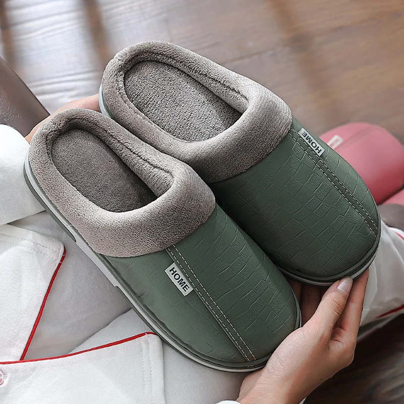 

Women Winter Home Slippers Leather Waterproof Non slip Female slippers Male Plush Warm Indoor slippers for women