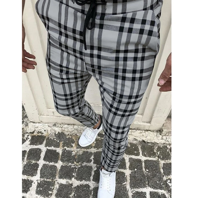 

Классические клетчатые брюки-карандаш с принтом, повседневные деловые мужские длинные брюки, мужская мода 2021, осенняя уличная одежда