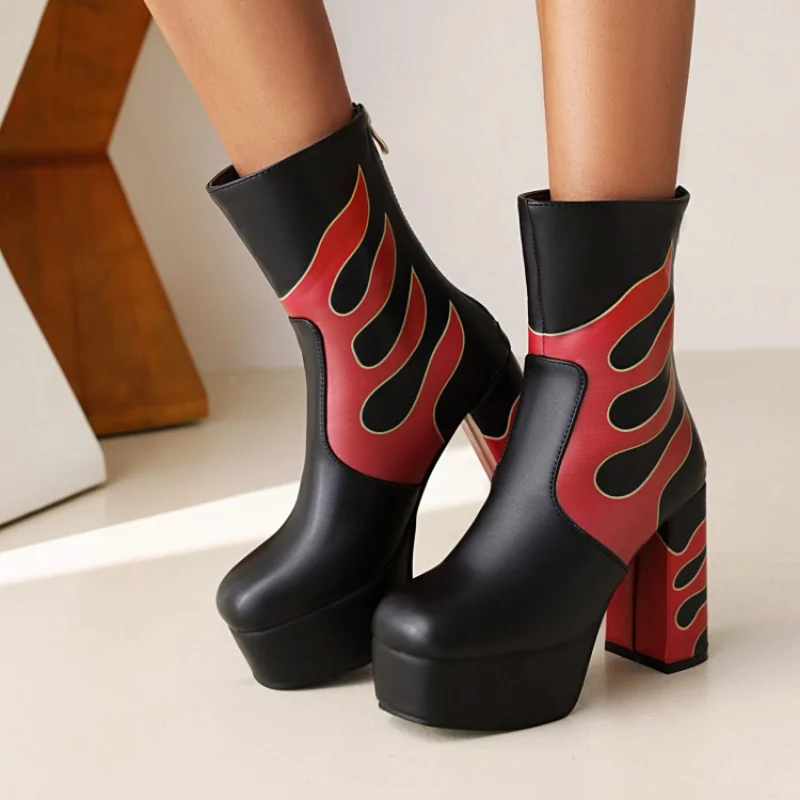 

2021 Winter Fashion Boots Europe and America Colorful Print Ultra High Heel Round Toe Youth Thick Heel Zip Short Boots