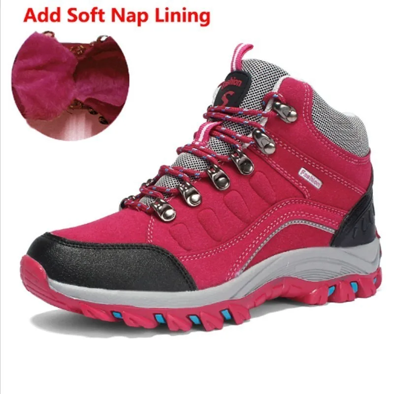 add soft nap RoseRed Зимняя мужская и женская уличная походная обувь Нескользящая износостойкая походная обувь для альпинизма водонепроницаемые высокие Трекинговые кроссовки - Цвет: add soft nap RoseRed