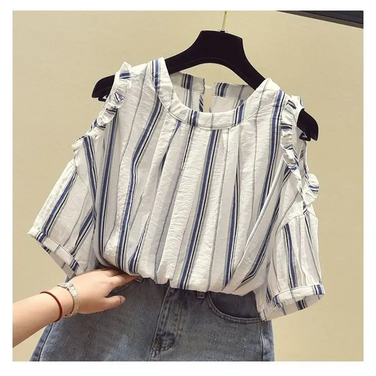 

2021 summer new Korean striped loose off shoulder chiffon top for women