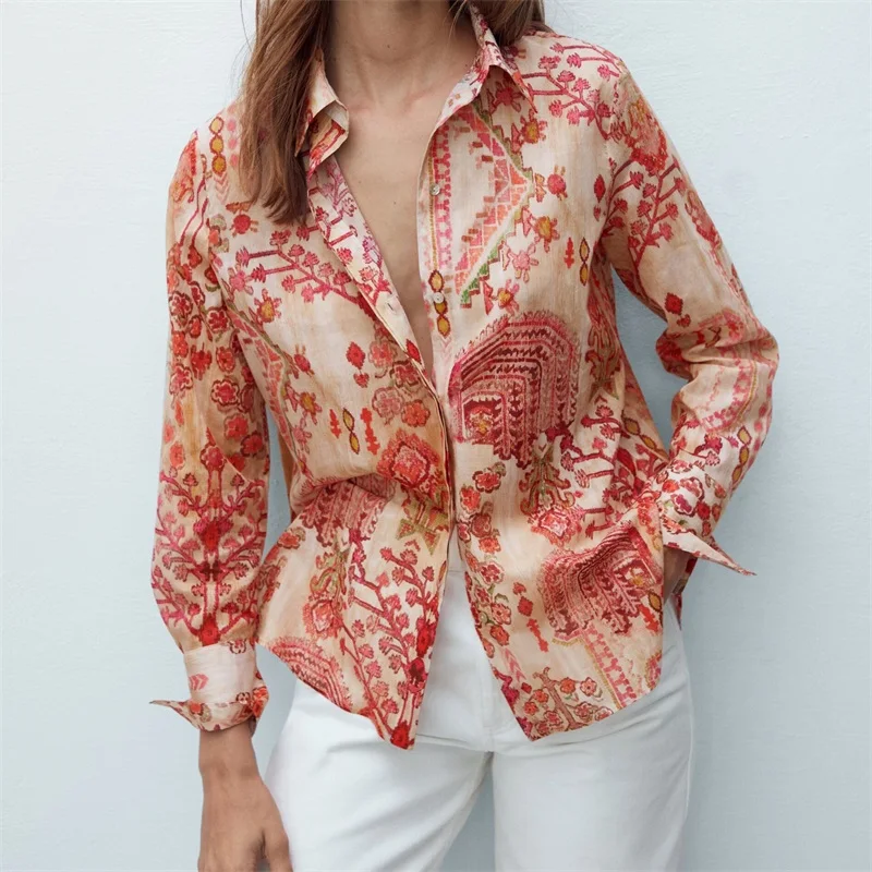 

MESTTRAF Women 2021 Fashion Print Loose Asymmetry Blouses Vintage Long Sleeve Button-up Side Split Fork Shirts Streetwear