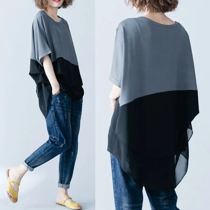 

Plus Size Women's Summer Clothes New Loose and Thin Stitching Chiffon Irregular T-shirt Top Casual Short Sleeve Female Tee K462