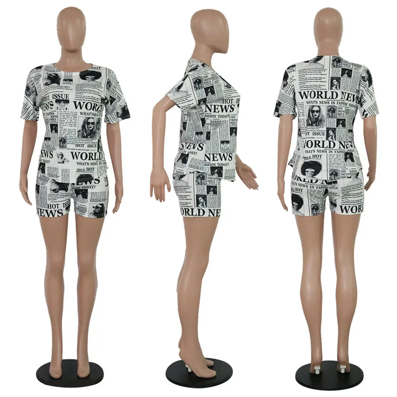 

Women Newspaper Print Two Piece Sets Casual Tracksuit Short Sleeve T-shirt+Shorts 2 Piece Club Outfits Set Wholesale Dropshpping