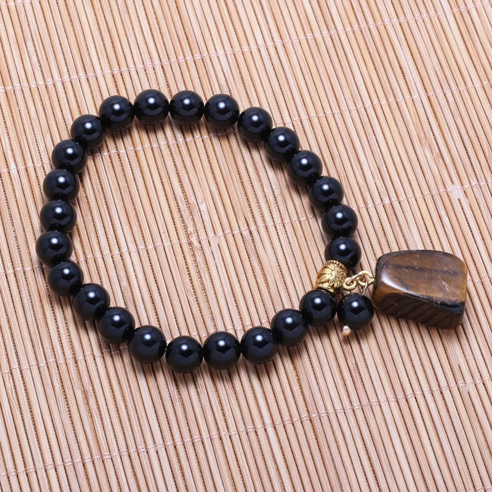 

Exquisite Bracelets Natural Black Stone Round Beads With Tiger Eye Stone Pendant Bangle for Men Unisex Charm Jewelry Gift 19cm
