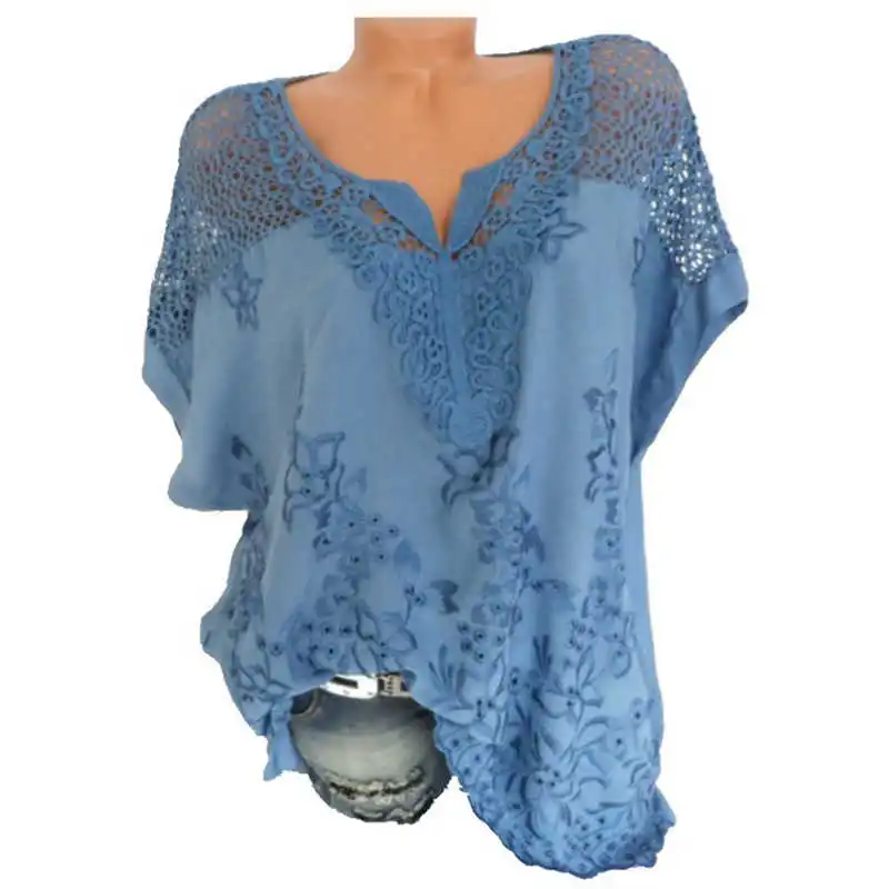 

Shirt Lace Patchwork Summer Batwing Sleeve Hollowout Tops Female Loose Plus Size 6XL Casual Streetwear Clothes Women Blouses