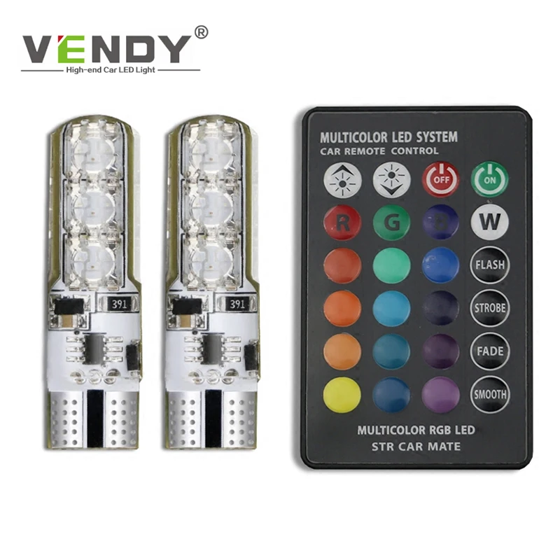 2x T10 W5W автомобиля Цветная (RGB) бортовой светильник авто парковочная лампа