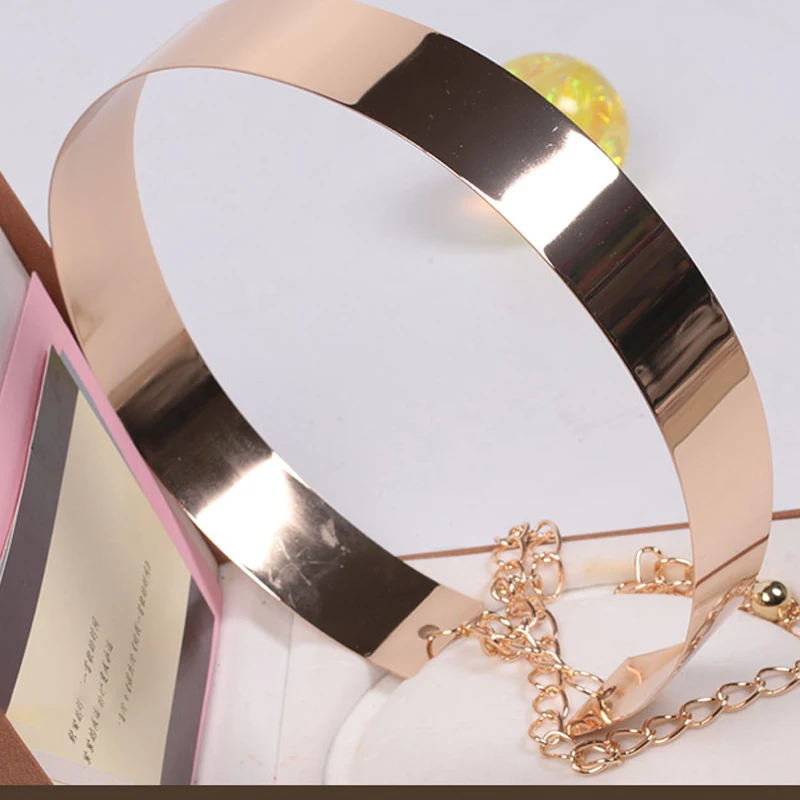 

Female Plate Vogue Belt Gold Metal Waist Gold Metallic Chains Wide Mirror Band Fashion Waistband Accessories Women Belt