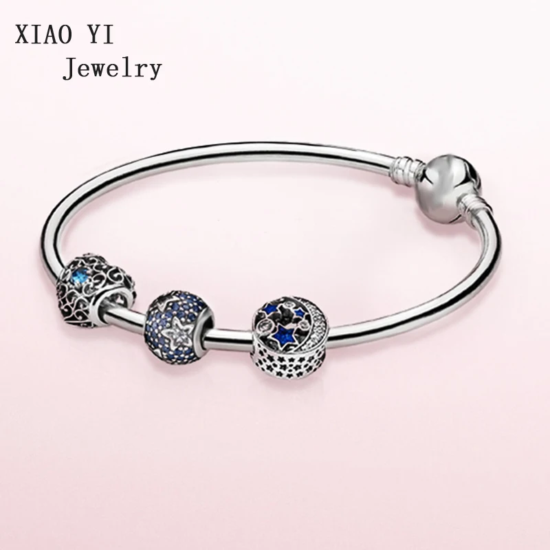 

XIAOYI 100% из зимней коллекции 2019 S925 11 Рождественский Шарм ностальгическое ночное небо Луна Звезды Любовь Браслет синий подарок для девочки
