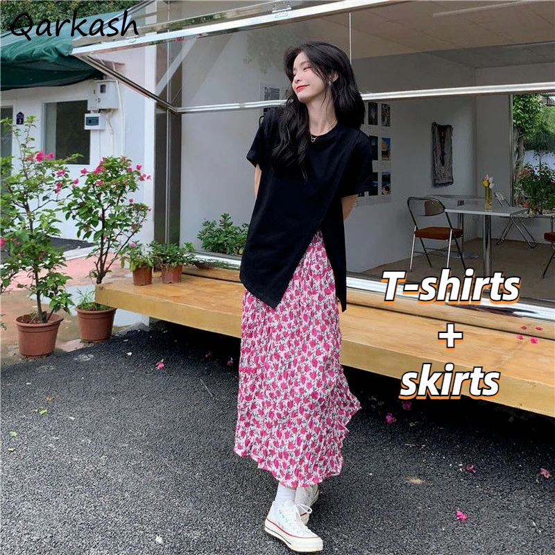 

Dress Sets Women Sexy Side-slit Short Sleeve T-shirts Fashion Design Tops Vintage Floral Ankle Length Skirts Loose Korean Casual