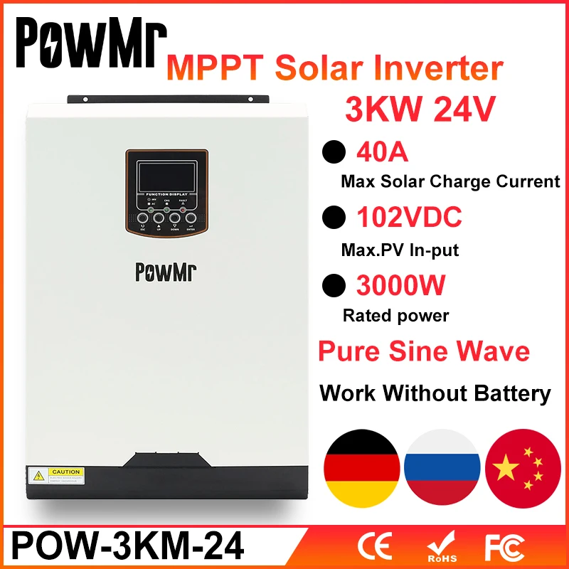 

PowMr Pure Sine Wave Inverter 3KVA/3000W Hybrid Inverter Single Phase 24v DC to 230V AC Built-in 40A MPPT Charge Controller