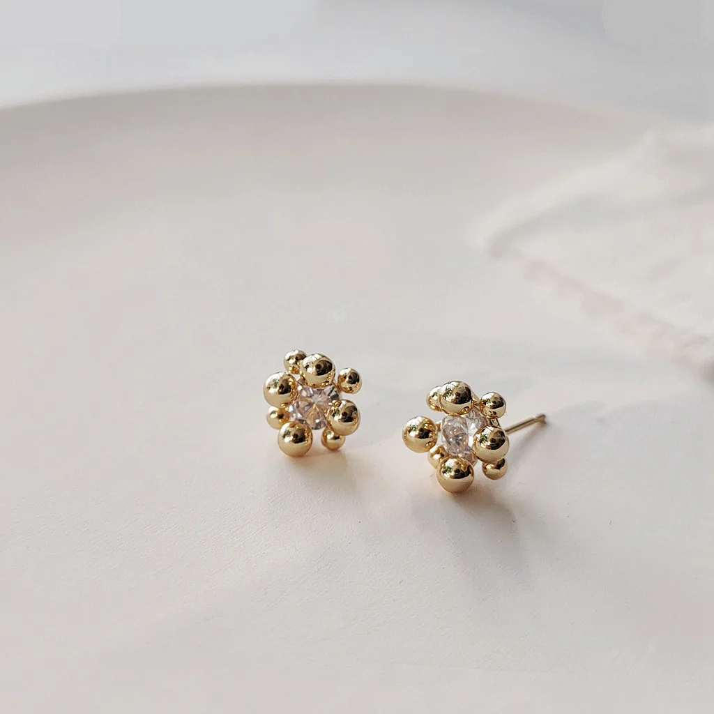 

2021 New Arrival 14K Real Plated Simple Style Beads Stud Earrings for Women Luxury Jewelry Zircon Earrings