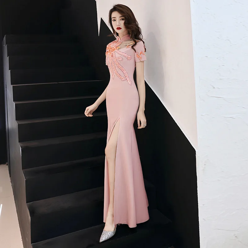 Темно синие женские длинные вечерние платья в стиле Русалочки Cheongsam элегантный