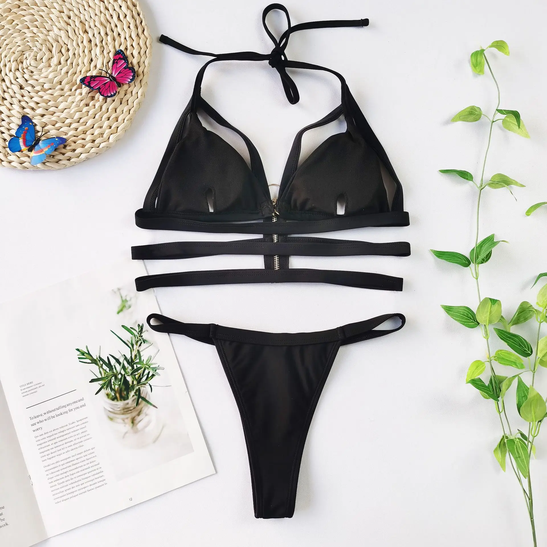 Соблазнительные бикини на молнии однотонный черный купальник с вырезами женский