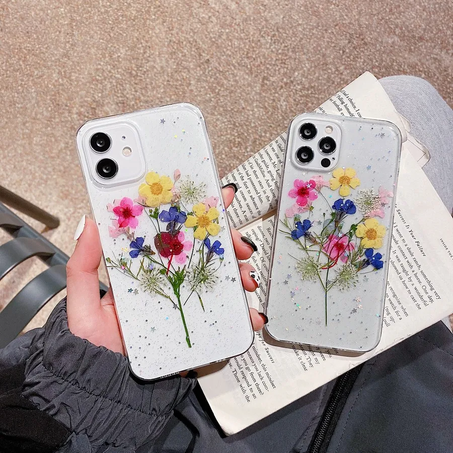 

Glitter Bling Real Dried Flower Clear Soft TPU Gel Phone Case Shell For iPhone 13 Pro Max 11 12 XS Max X XR 7 8 Plus Cover
