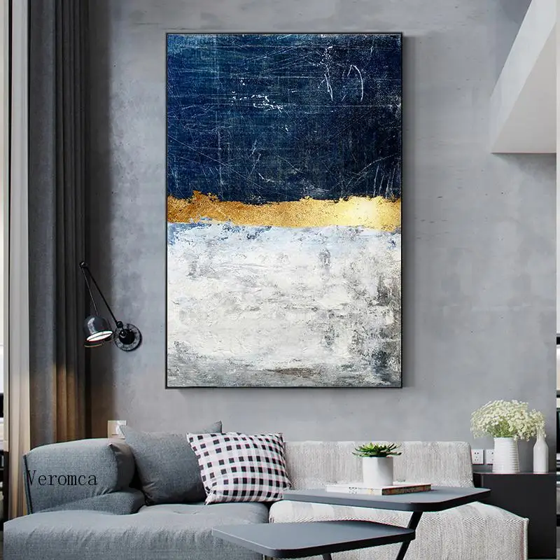 

Abstract Home Decor Painting Blue Gold Grey Modern Wall Art Poster and Prints Picture for Living Room Home Office Decor