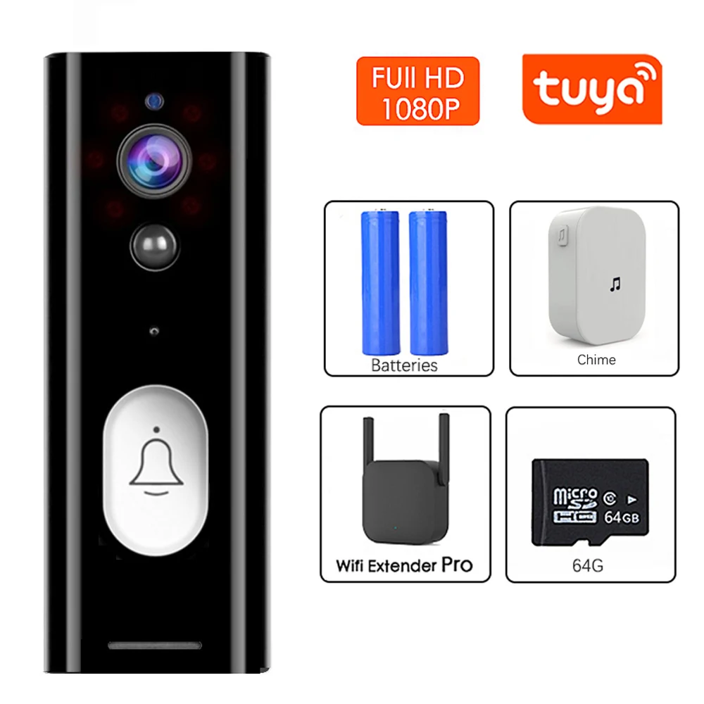 

Умный Видеозвонок TUYA с разрешением 1080P Full HD, Wi-Fi, беспроводная домашняя камера, внутренний звонок с аккумулятором, дверной звонок с обзором н...
