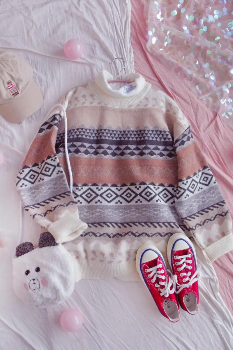 

Sweater Women Autumn Winter Loose Japanese Vintage Geometry Pattern Harajuku Mori O-Neck Pullover Girl Base Tops Student Jumper