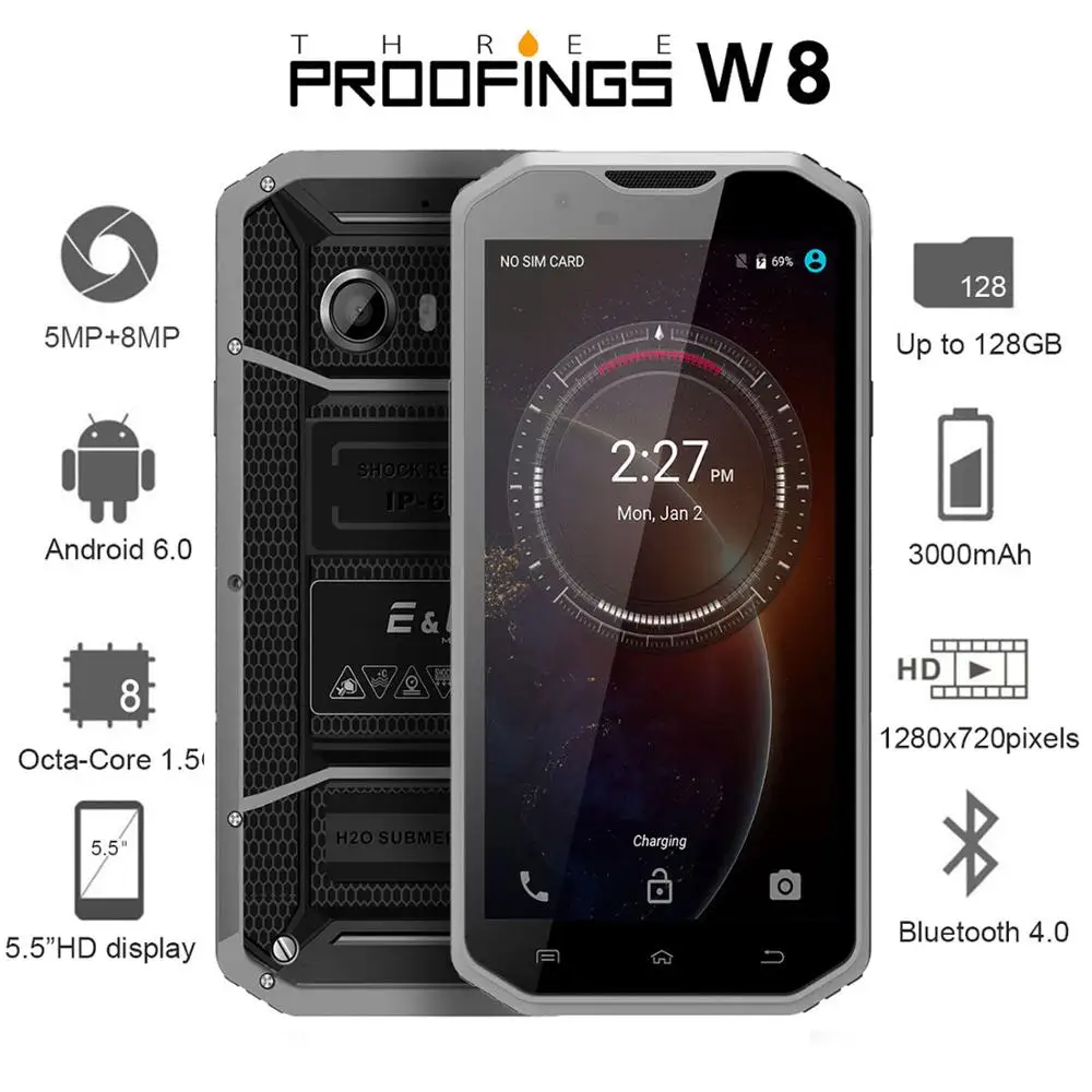 E & L Proofing W8 смартфон с 5 дюймовым дисплеем восьмиядерным процессором MTK6753 ОЗУ 2 Гб