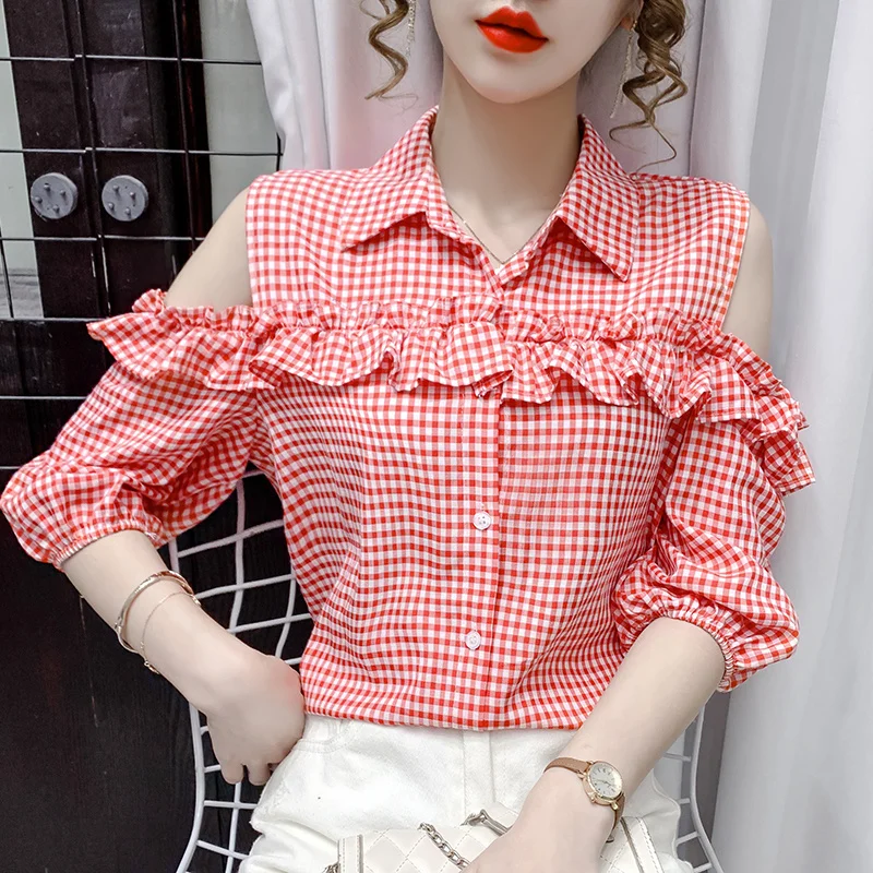 

Женская рубашка в клетку, с коротким рукавом и открытыми плечами