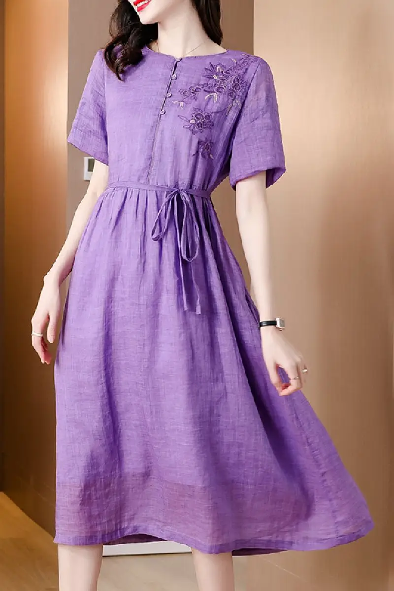 

COIGARSAM Women Long Dress Summer 2021 New Vintage Cotton Linen Short Sleeve O-Neck Dresses Traf Robe Vestidos