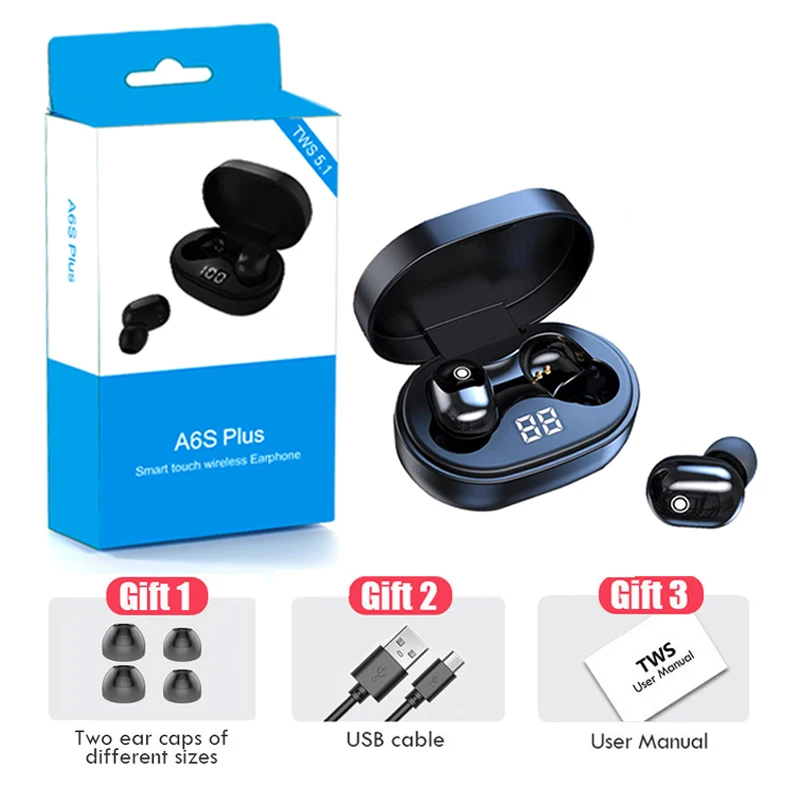 

A6S TWS Wireless Bluetooth Earphones Headsets Headphones Sport Noise Cancelling Stereo Earbuds with Mic for All Smartphones