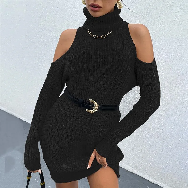 

Long Sleeve Women Knitted Turtleneck Sweater Dress Fashion Mini Dress Sexy Slim All-Match Robe Simple Vestidos Clothing Female