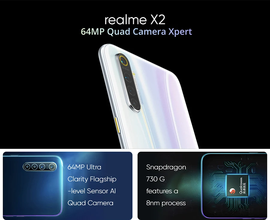 Мобильный телефон OPPO Realme X2 6,4 ''6/8 ГБ ОЗУ 128 Гб ПЗУ Snapdragon 730G 64 мп с четырехъядерным процессором NFC VOOC 30 Вт с функцией быстрой зарядки 4000 мАч