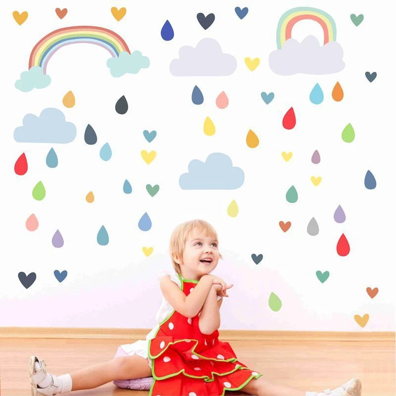 

Hot sale rainbow rain PVC wall stickers cartoon self-adhesive kids room decoration doodle sticker bedroom wall decor home decor
