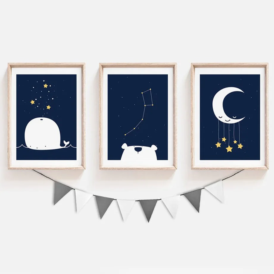 

Moon Star Bear Rabbit Whale Canvas Painting Wall Art Nordic Posters and Prints Wall Pictures for Living Kids Room Decoration