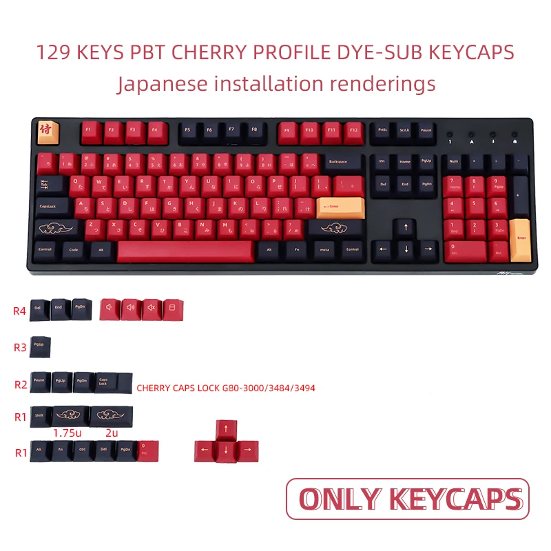 

129 keys set Red Samurai PBT keycap Dye Sub Japanese Keycaps for For Cherry MX Switch Mechanical Keyboard