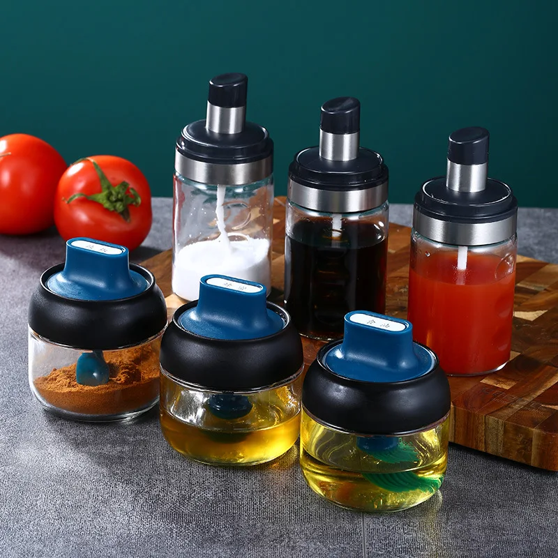 

Transparent Kitchen Supplies Glass Spice Jar for Salt Sugar Pepper Powder with Spoon Plastic Seasoning Bottle Salt Storage Box
