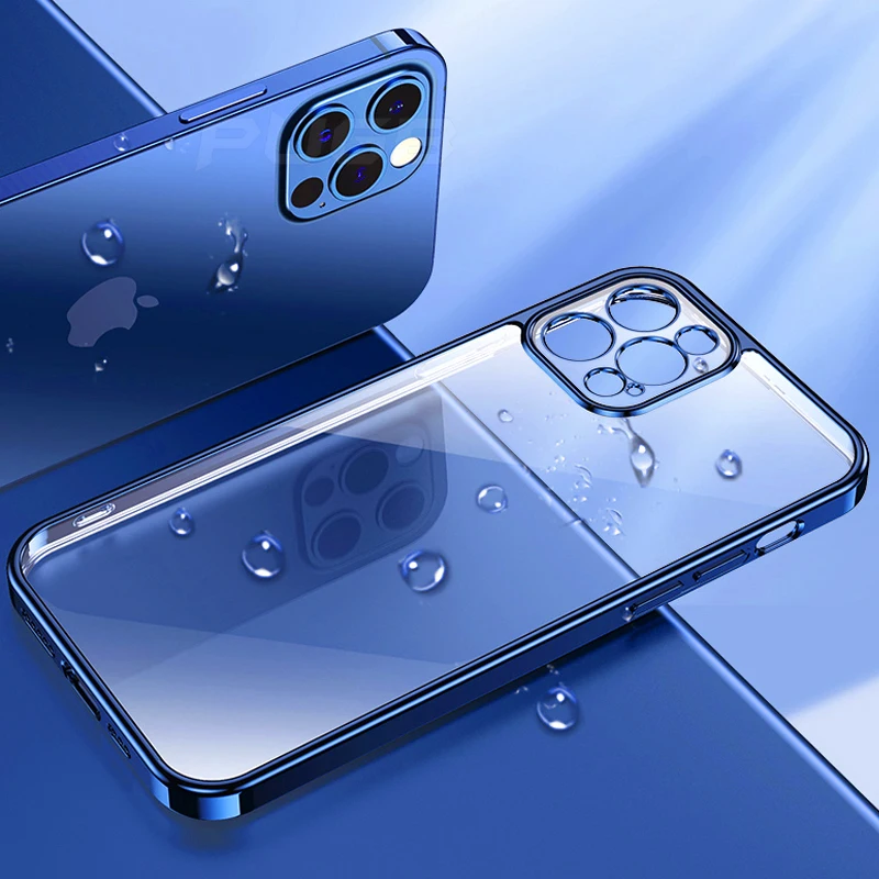 

Luxury Plating Square Frame Transparent Case on For iPhone 12 11 Pro Max Mini X XS XR 7 8 Plus SE 2020 Soft Silicone Clear Cover